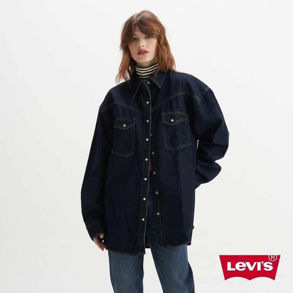 Levis 女款 XL版牛仔襯衫外套 / 原色 / 質感珍珠釦 熱賣單品 A3364-0000