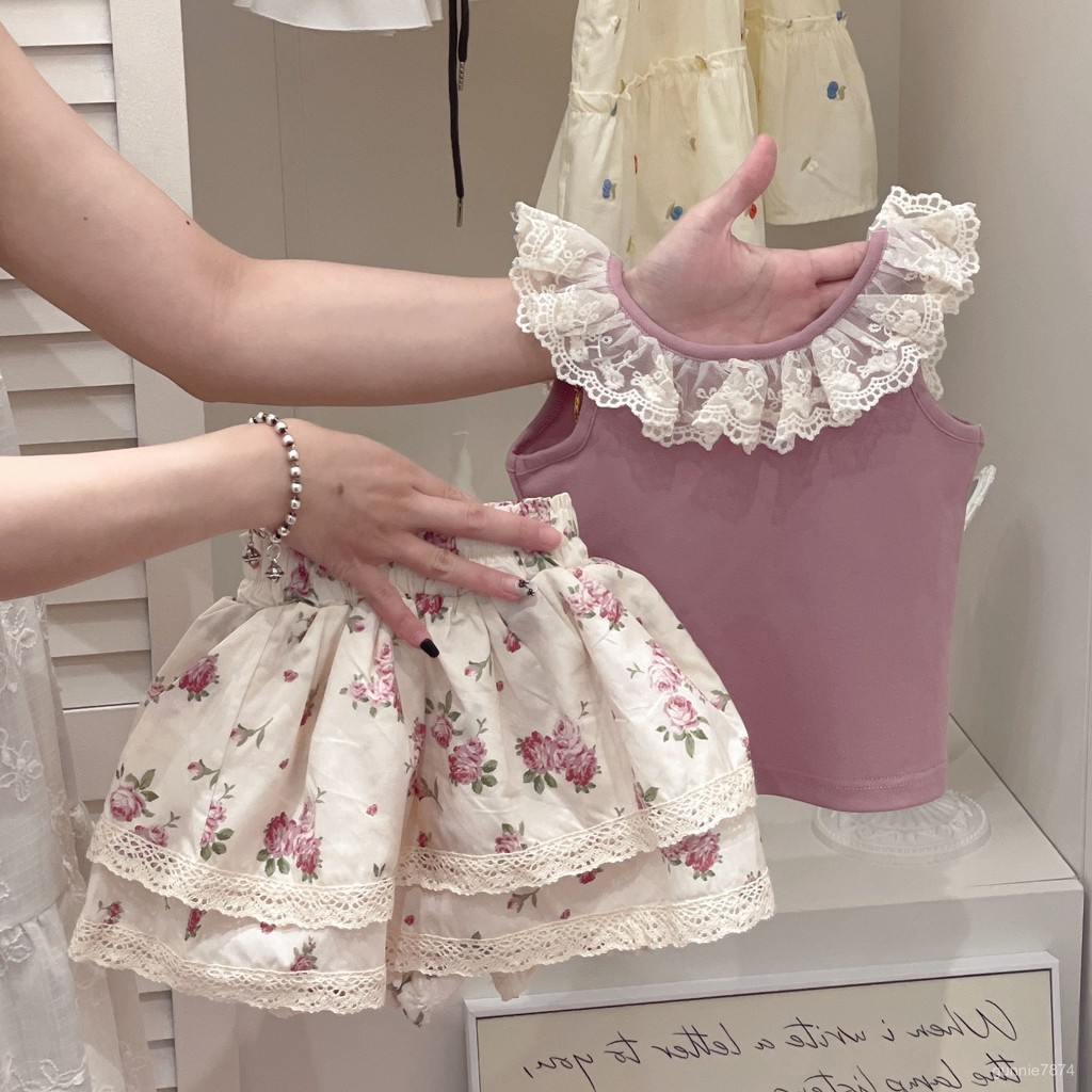 夏日限定~女童套裝夏款夏季洋氣背心碎花甜美吊帶新款女寶寶蕾絲兩件套 女童套裝夏季 兒童短袖套裝 韓版 休閒套裝
