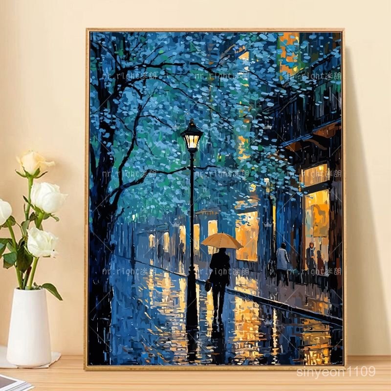 油畫搬運工💖巴黎雨季都市夜景數字油畵diy填色解悶手工手繪高端油彩畵裝飾畵