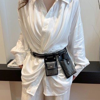 欣儀 鉚釘兩件套包包女斜挎新款腰包朋克風街頭服飾胸包皮帶手機包ins