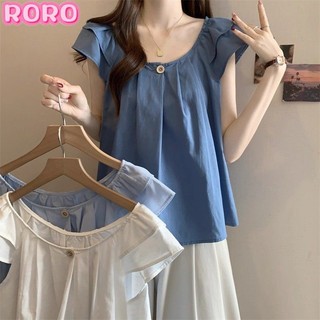 RORO🔸S-4XL 大碼夏季短袖 女胖mm顯瘦遮肚上衣夏季大碼設計感減齡娃娃衫純色飛飛袖圓領襯衫