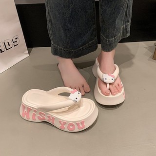 【低價免運】卡通凱蒂貓厚底涼拖鞋女夏季少女夾腳拖eva時髦可愛字母鬆糕拖鞋