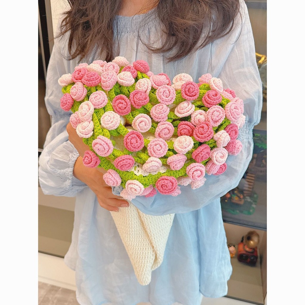 特賣🎀漸變尖角玫瑰花毯子花束 鈴蘭手工創意編織diy材料包 送女友禮物 diy手工材料包 毛線編織手作 送敎程包敎會