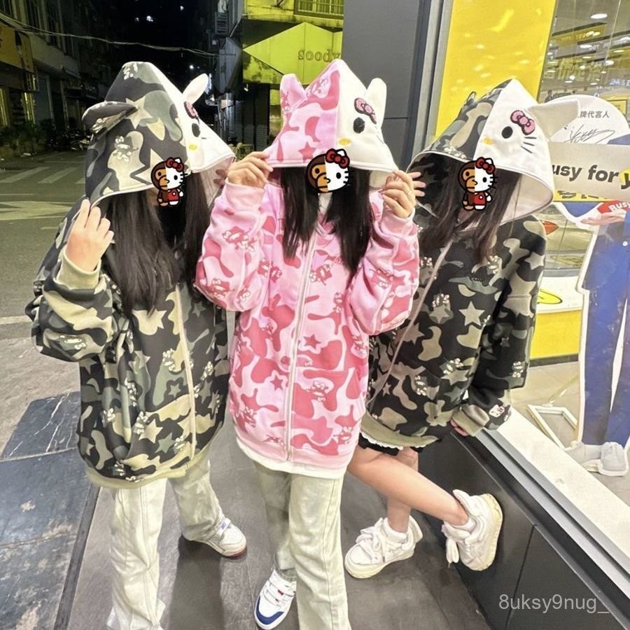 ✨MY女裝 潮流美式迷彩可愛貓外套拉鏈連帽薄款衛衣男女春秋情侶外套 帽T 大學T 衛衣 寬鬆外套 長袖上衣 衣服