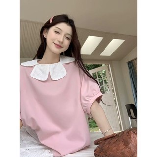 日系洋裝 日系女裝 日系疊穿 森林系 新款小清新甜美蕾絲花瓣領時尚娃娃領襯衫女粉色上衣 FRWG