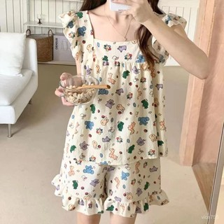吊帶睡衣 公主風泡泡袖睡衣 棉質睡衣女 可愛睡衣 夏天睡衣 睡衣套裝 日係睡衣 荷葉邊甜美睡衣 居家服兩件套//薇衣