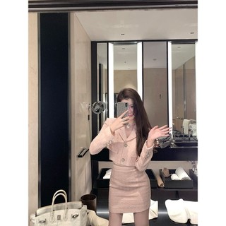 小香風【時尚套裝】 秋冬新款小香名媛風粗花呢長袖西裝短外套高腰包臀半身裙兩件套裝高級感套裝 0814 5NUN