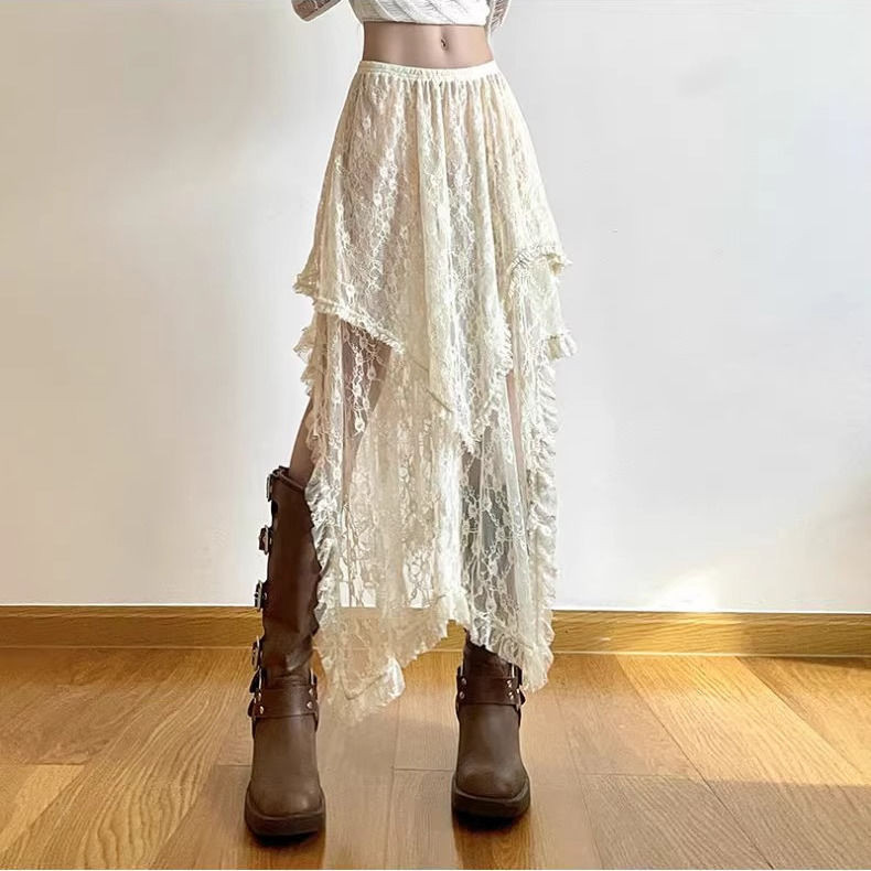 Stray Style Retro Mori Style Lace Irregular Hem Long Skirt E