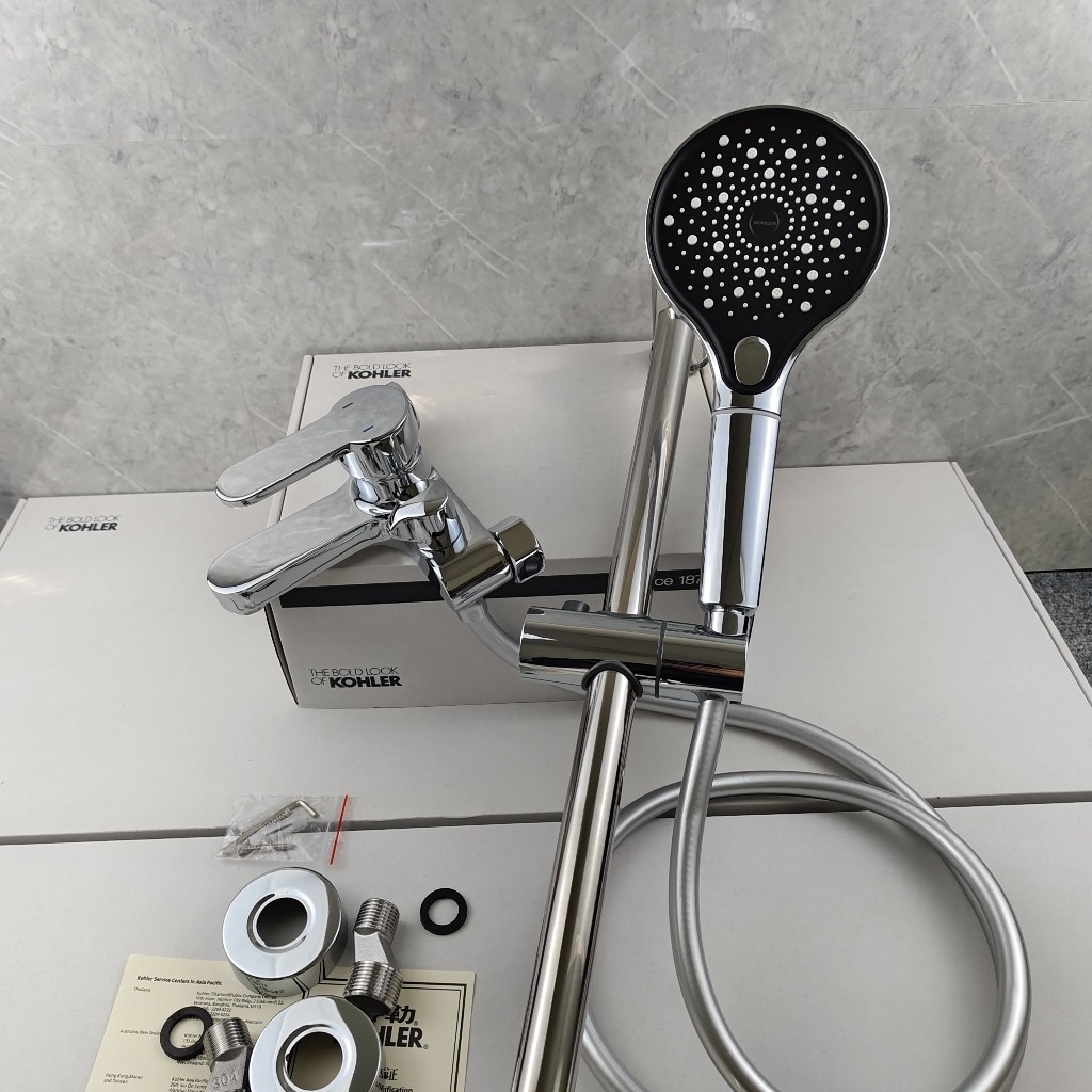 【KOHLER科勒】銀色套裝 三聯浴室龍頭 全銅兩斤多重的淋浴三聯水龍頭 日本閥芯 冷熱水混水閥 浴缸龍頭 龍頭花灑套裝