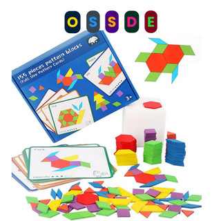 155 Pcs Wooden Pattern Blocks Set Geometric Shape Puzzle Ear