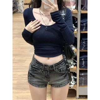 復古黑灰色高街低腰牛仔超短褲女水洗做舊修身顯瘦彈力百搭熱褲潮 A字褲 牛仔褲 短褲 彈力褲 熱褲