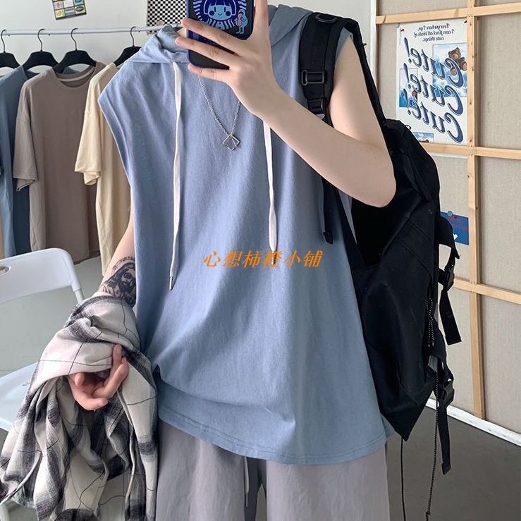 🚚台灣低價免運🚚hiphop炸街t恤oversize美式籃球連帽背心vintage無袖衛衣夏季帽衫
