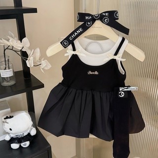Mimo⭐女童連衣裙夏季兒童拚接休閒黑色背心裙小女孩吊帶裙