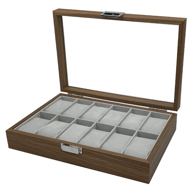 12 Slots Glass Top PVC Wooden Watch Box 6 slots Storage Case