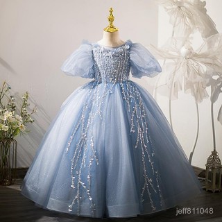 【免運】臺灣出貨 女童公主裙 藍色兒童禮服泡泡袖蓬蓬紗女童生日公主裙模特走秀鋼琴演奏演出服 YYYG