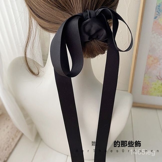 優品質 髮圈 蝴蝶結髮圈 法式慵懶頭繩百搭黑色蝴蝶結飄帶髮圈氣質優雅肥圈馬尾髮繩髮飾 髮飾