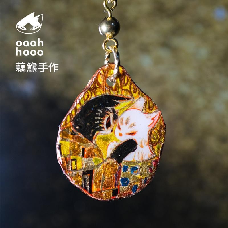 XF 藕鯸手作|克利姆特|項鏈金色貓咪手繪原創設計氣質吊墜