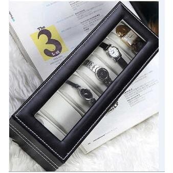 Inner Grey 6 Slots Glass Top PVC Watch Box Storage Case Watc