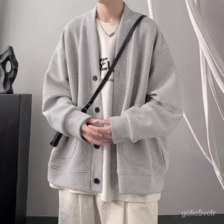 韓版外套男 華夫格開衫 V領 純色外套 帶口袋 男士外套 衛衣男 春秋季外套 寬鬆V領長袖 休閒長袖外套 襯衫
