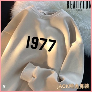 JACK-大尺碼男裝 長袖T恤男 t恤 打底衫 秋款上衣 BEADYFUN男士長袖T恤潮牌印花1977春秋款無帽上衣服i