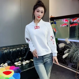 刺繡新中式國風減齡寬松上衣春秋立領盤扣新款長袖百搭上衣女 長袖上衣 國風上衣 中國風上衣 新中式上衣 漢服改良 大碼長袖