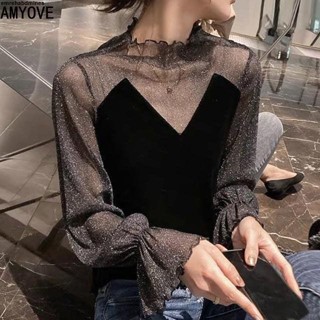 🔥 爆 熱賣爆品 👍女長袖半高領T賉 半高領蕾絲打底衫女2023春秋新款網紗洋氣百搭內搭蕾絲小衫上衣冬