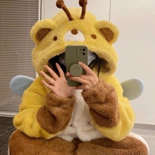 珊瑚絨睡衣 可愛小蜂熊加厚珊瑚絨睡衣 加厚睡衣 法蘭絨睡袍 可外穿睡衣 卡通睡衣 可愛睡衣 連體睡衣 連體睡袍 絨毛睡衣