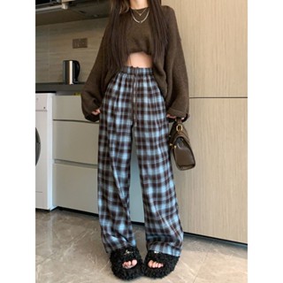 ins秋冬新款慵懶風格子闊腿褲女加絨加厚寬鬆顯瘦高腰休閒直筒拖地褲