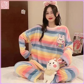 💕貼身日記💕卡通甜美睡衣女秋冬季珊瑚絨加厚寬鬆大碼套裝一件代髮