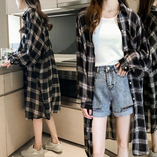 免運出貨✨M-4XL 韓版襯衫 中長款襯衫 外套上衣女長款襯衫春夏季韓版寬鬆格子長袖防紫外線防曬衣