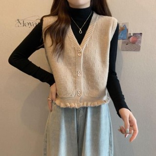 滿200出貨·V領針織馬甲女春秋短款木耳邊開衫外搭毛衣背心疊穿坎肩外搭歐貨 新中式 馬甲外套 無袖上衣 外搭背心 無袖背