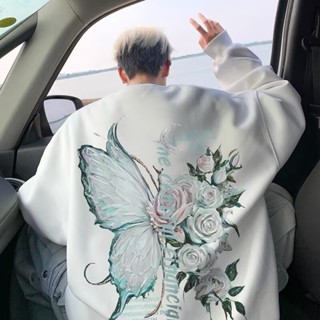 潮牌蝴蝶花卉衛衣男 秋冬新款 加絨 圓領 oversize 長袖T恤 情侶 寬鬆 大學T 上衣（ZHM324）【壹號站】