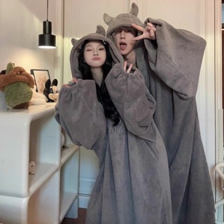 YLIE 男生睡衣 睡衣 長袖睡衣 搞怪小惡魔連帽情侶睡袍加絨加厚居家服睡衣超大寬松版男女生睡袍