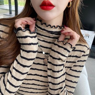 Only❤️條紋打底衫女秋冬內搭半高領春秋長袖T恤修身時尚洋氣木耳邊上衣