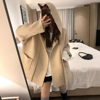 七喜服裝 廓形連帽加厚口袋大碼針織開衫女秋冬新款韓系設計感小眾毛衣外套