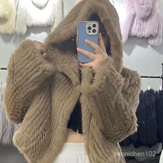 點心喵 毛毛外套 羊羔毛外套 冬天套裝 冬天女裝 冬季女裝 2024秋冬新款加密手工雙麵編織連帽韓版短款兔毛皮草外套女