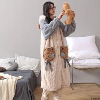 【桃園新品】秋冬季新款珊瑚絨加絨加厚長款連帽鼻涕熊女家居服睡袍套裝寬松衣 睡袍 居家服 保暖睡衣