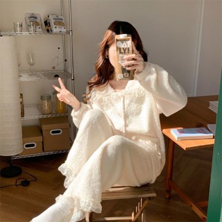 新店優惠 加絨加厚 保暖套裝 外穿 睡衣女冬季款加厚珊瑚絨大碼甜美娃娃領加絨可外穿毛絨絨家居服