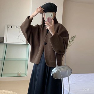 臺灣出貨 免運 毛呢外套女 赫本風短款毛呢外套女秋冬小個子韓版雙麵羊絨高階感加厚呢子大衣 YCIF