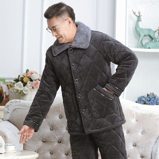 Meet.You.中老年男士睡衣冬季加厚加絨珊瑚絨三層夾棉襖大碼爸爸保暖家居服