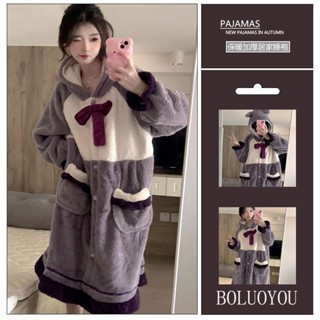 新店優惠 加絨加厚 冬季睡衣 可外穿 少女可愛珊瑚絨連帽睡衣女冬季2023年新款保暖加厚家居服睡裙睡袍