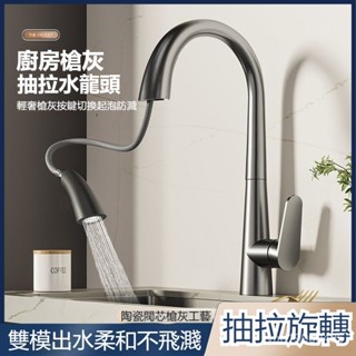 [水龍頭] 廚房水龍頭 壁式水龍頭 萬嚮水龍頭 冷熱龍頭槍灰廚房洗菜盆抽拉式水龍頭冷熱洗衣櫃家用水槽拉伸二閤一花灑頭