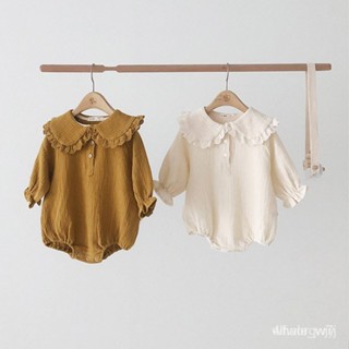 小象韓版寶寶衣服 嬰兒衣服 女寶寶連體衣秋冬 女公主荷葉領純色長袖爬服 新生兒衣服 嬰兒爬服 兒童包屁衣