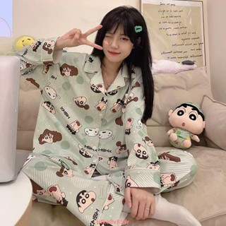 【熱賣新款】睡衣女春秋新款長袖長褲ins日系卡通可愛蠟筆小新學生居家服套裝