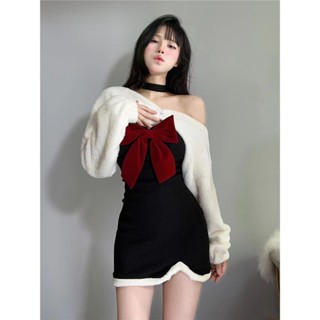 【FROCK】性感包臀裙 長袖洋裝 聖誕兩件套毛絨絨開衫黑色連衣裙蝴蝶結吊帶短裙 韓版連衣裙 生日禮服 節日洋裝