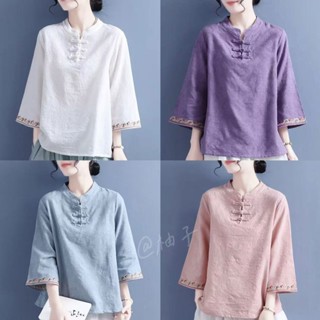 ⚡臺灣出貨 漢服上衣 中國風上衣 全棉提花立領盤扣上衣 刺繡七分袖上衣 民族風上衣 春夏文藝復古襯衫女 團服 中國風服飾
