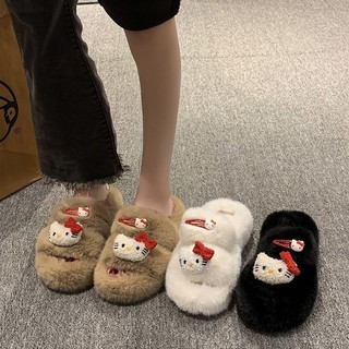 臺灣出貨免運 網紅可愛毛毛拖鞋卡通凱蒂貓秋冬季新款2024新款舒適一字拖鞋冬天 毛絨拖鞋 厚底毛毛鞋 棉拖鞋 女生拖鞋