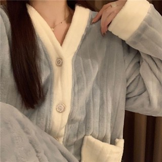 韓版ins新款高顏值珊瑚絨睡衣女秋冬季韓版無領法蘭絨加厚居家服套裝