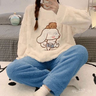 臺灣出貨 珊瑚絨睡衣女 冬季加厚加絨法蘭絨睡衣 可外穿家居服套裝 女生睡衣 卡通睡衣 可愛睡衣 長袖睡衣 秋冬睡衣
