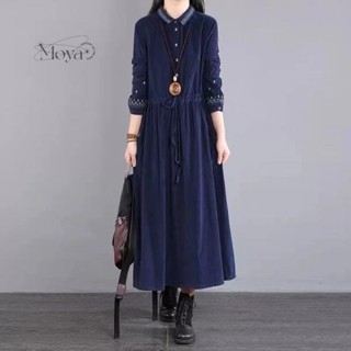文藝復古民族風刺繡燈芯絨連衣裙女秋季新款寬松顯瘦系帶收腰長裙 連身裙 寬鬆洋裝 大尺碼女裝 長袖洋裝 復古 民族風 中國